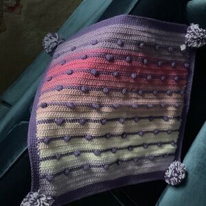 Colorful Knitted Blanket with Pom Poms